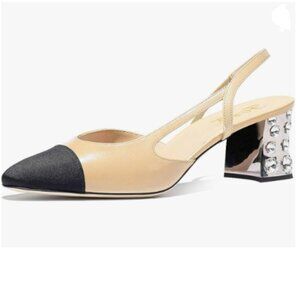 FOWT Nude Women's Chunky Slingback Pumps Comfortable Low Block Heels Splicing